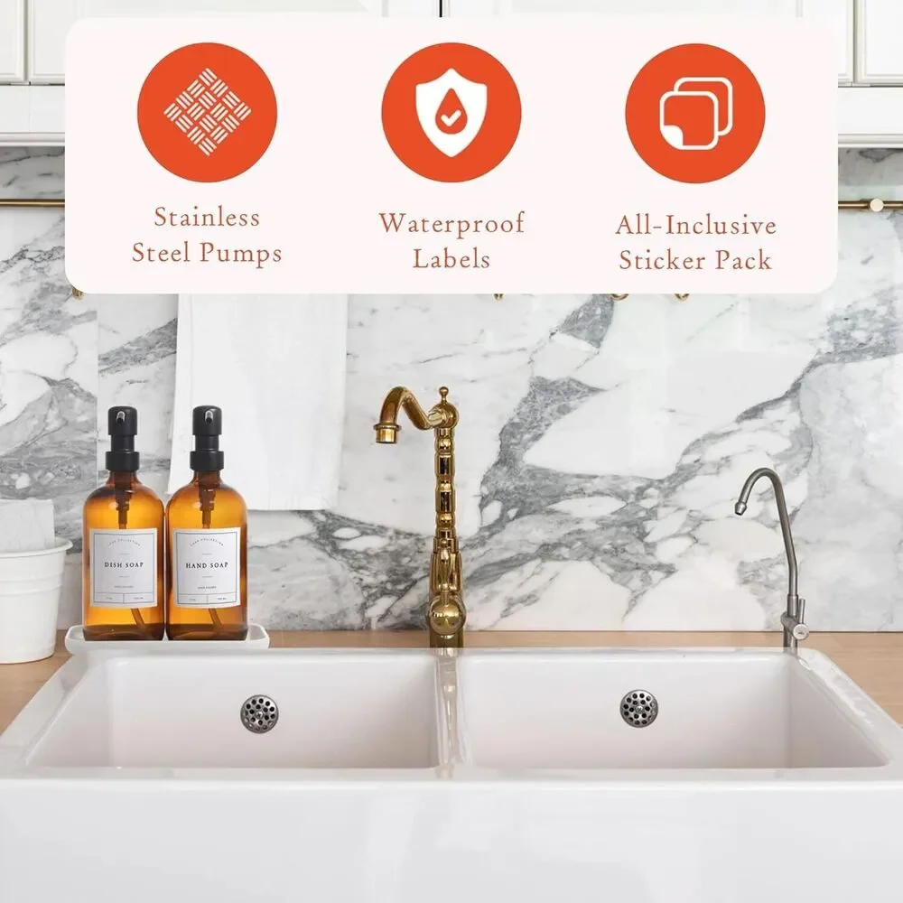 gdtimes Dispenser Set With Labels - Amber‎ Bottles With Black Pumps 17 Oz